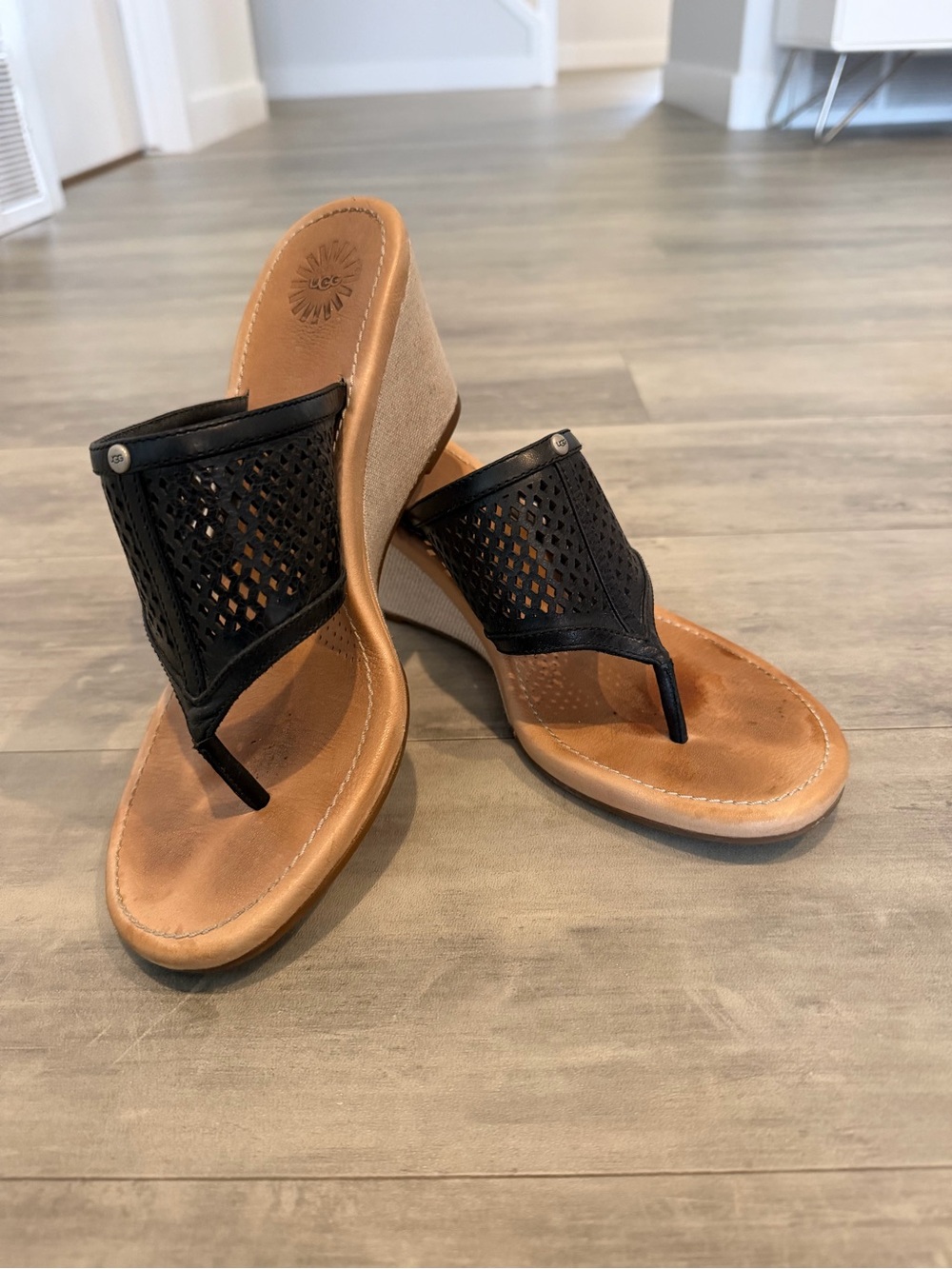 UGG Black Perforated Wedge Thong Sandals with Tan Footbed